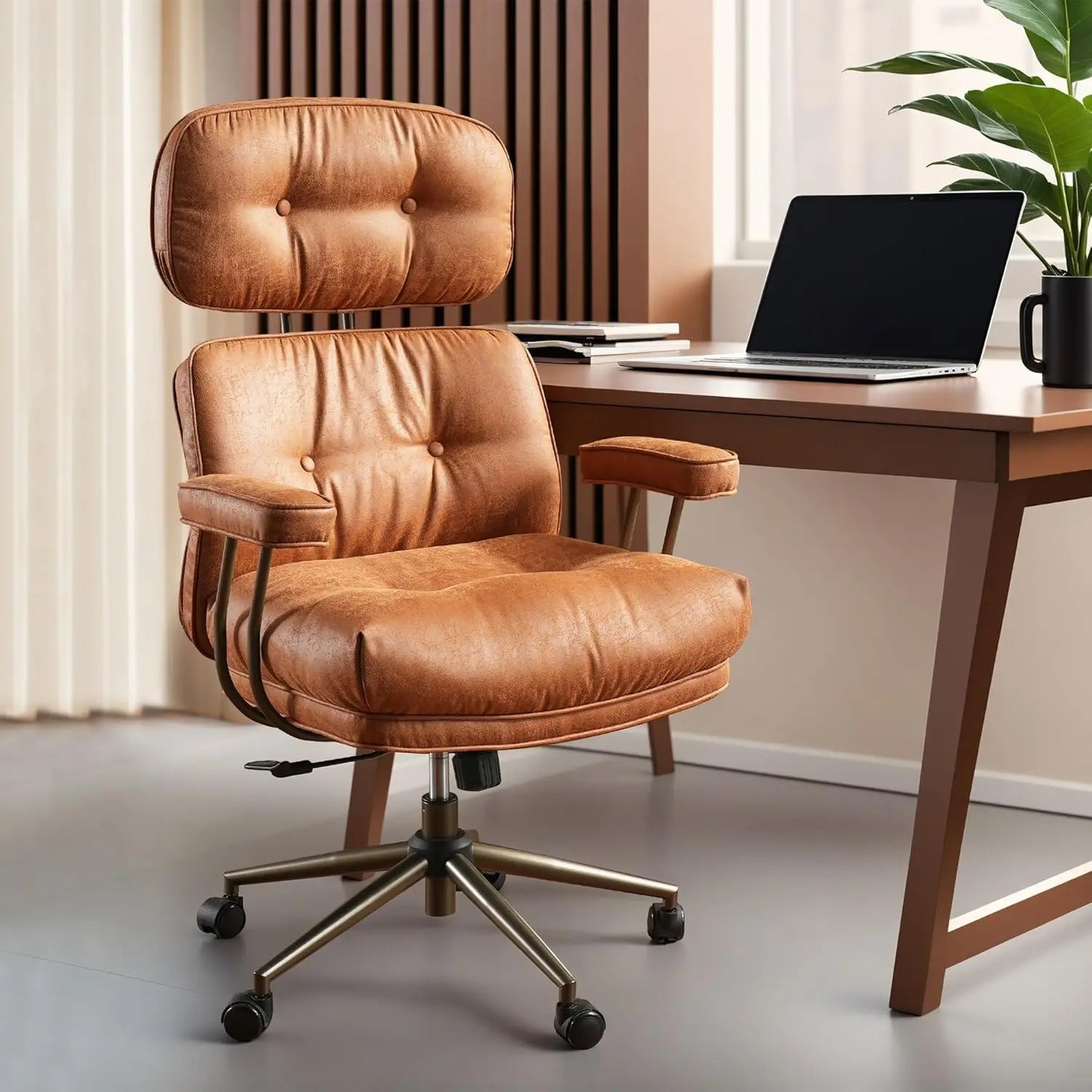 Office Chair, Modern Leather with Lumbar Support, High Back Swivel Rolling  with Comfy Thick Cushion (Brown, Suede Faux Leather)