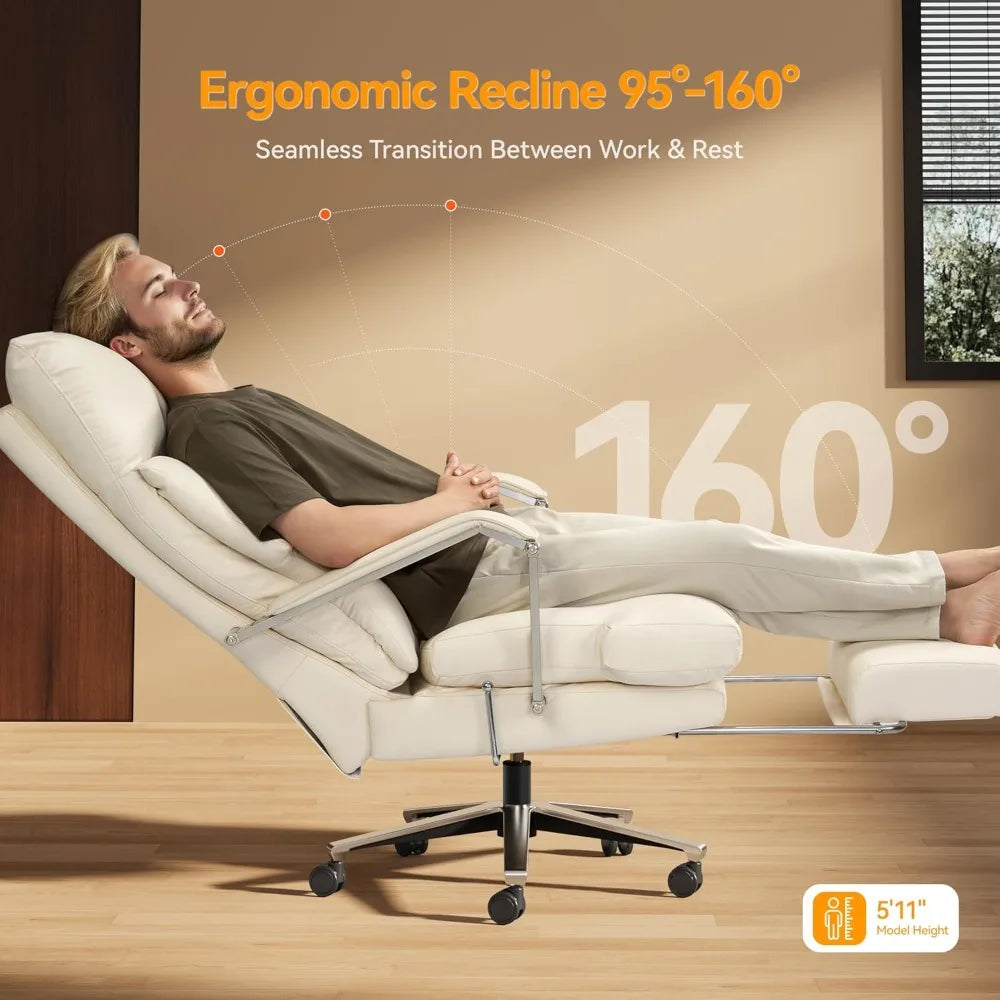 Reclining Office Chair with Footrest - 25.6" Wide Seat & Adjustable Seat Depth, Big and Tall High Back Leather Executive Home