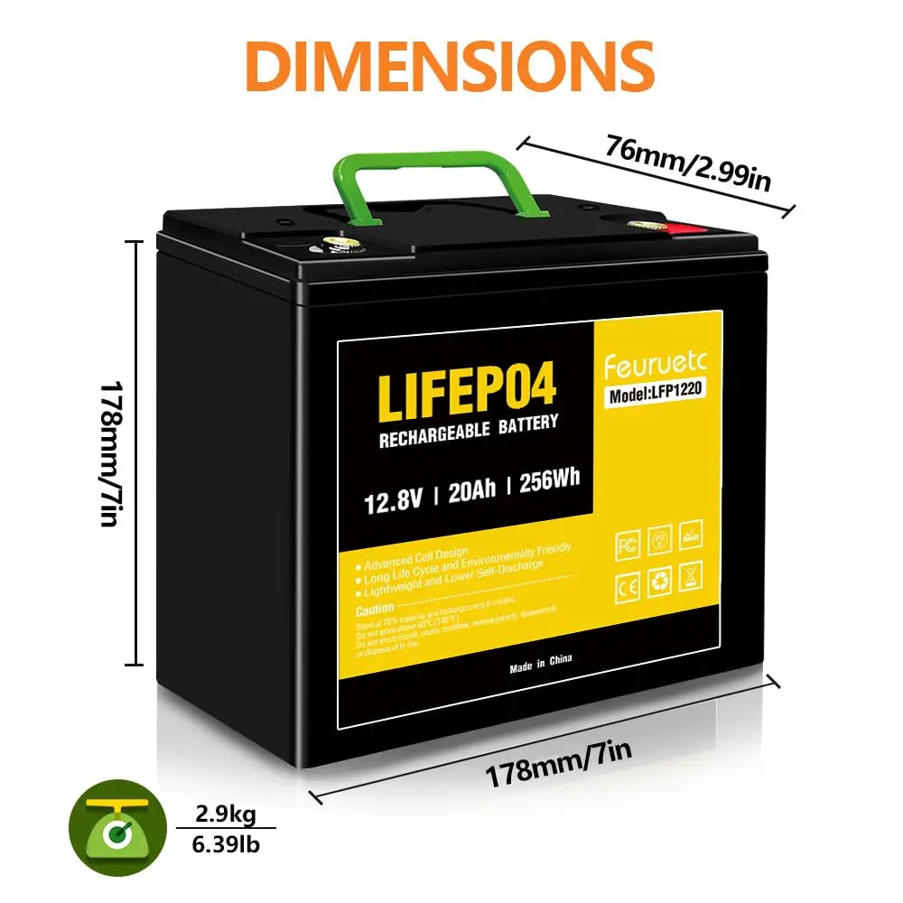 12V 20Ah LiFePO4 Lithium Battery, 4000+ Cycles, Maintenance-Free Battery for Camping， Fish Finder, Scooter, Security System