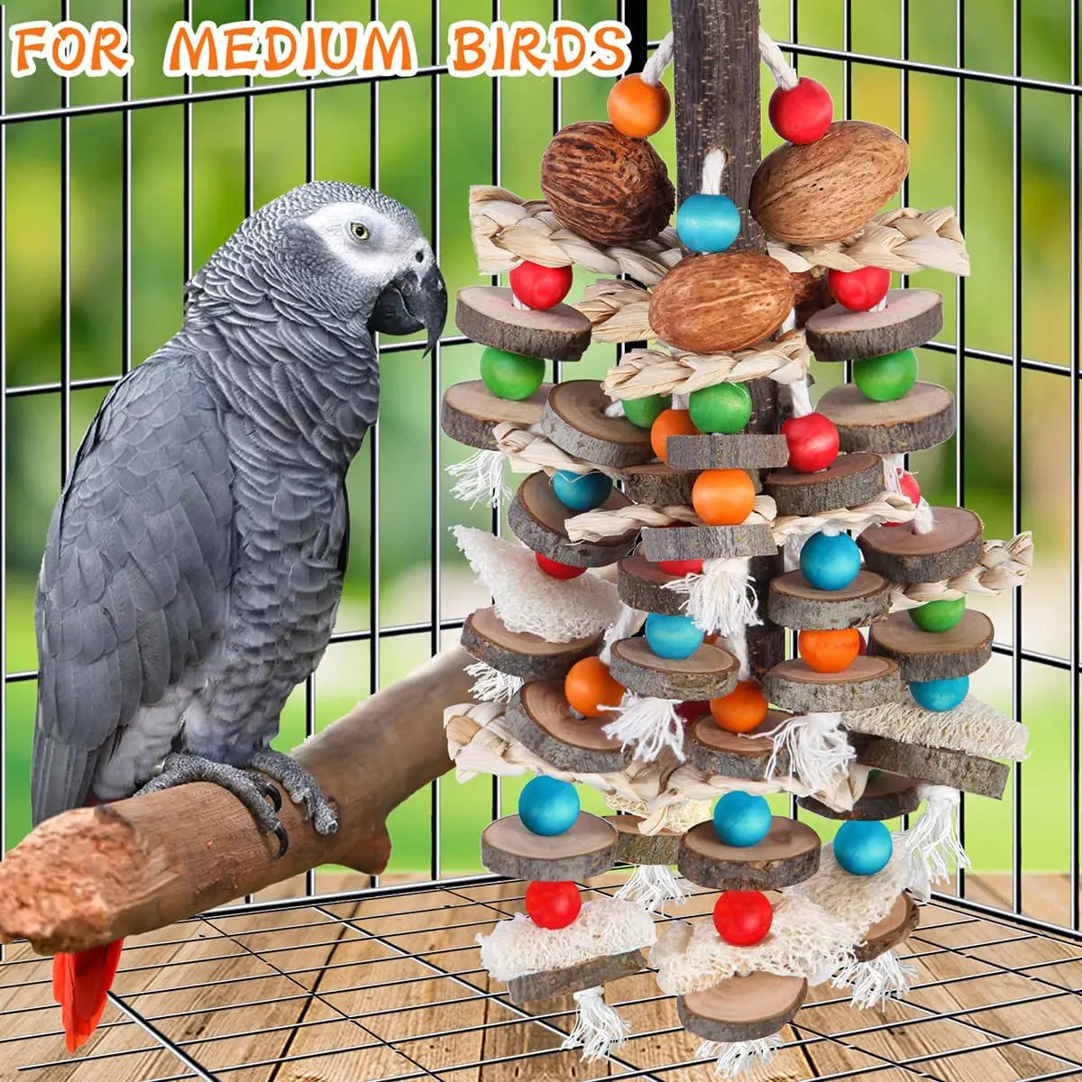 Large parrot toy, bird chew toy, natural nut, corn, loofah, wooden birdcage toy
