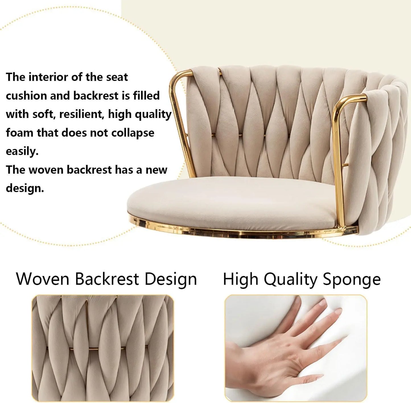 Gold Velvet Bar Stools Set of 3, Swivel Counter Height Bar Stools with Back, Adjustable Woven Barstools for Kitchen Island,