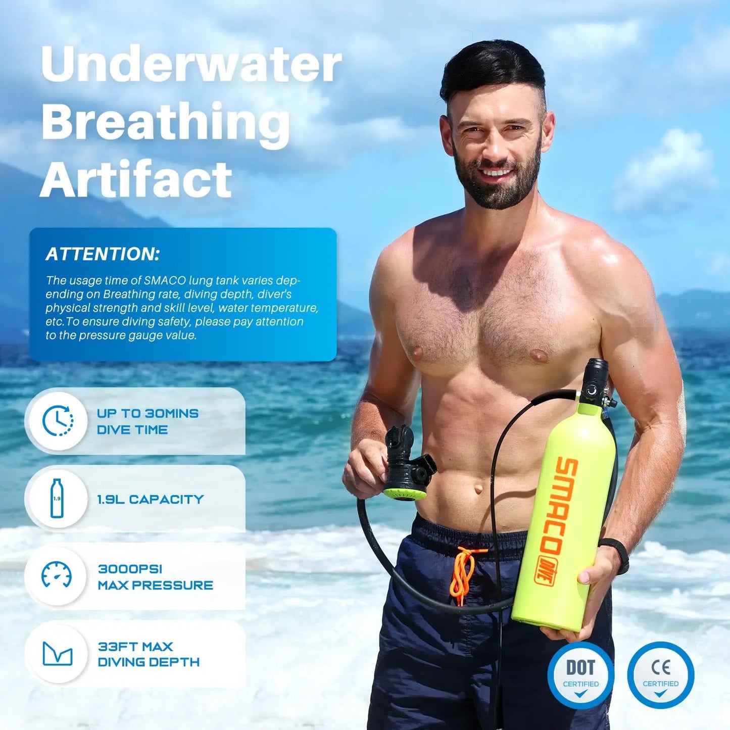 SMACO Portable Mini Scuba Tank and Lung Tank System, 1.9L Diving Gear with 3000 PSI, Up to 10 Minutes Dive Time