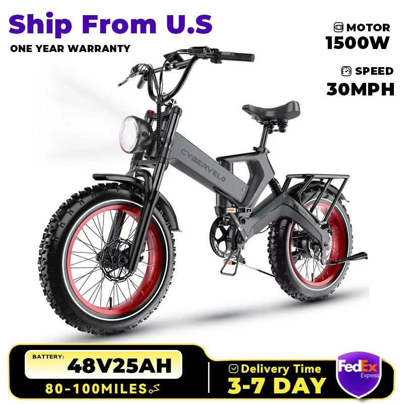 1000W(Peak 2000W)Folding Electric Bike for Adults,35MPH 100Mile,48V 25Ah Removable Battery,20" x 4.0 Fat Tire Foldable Electric