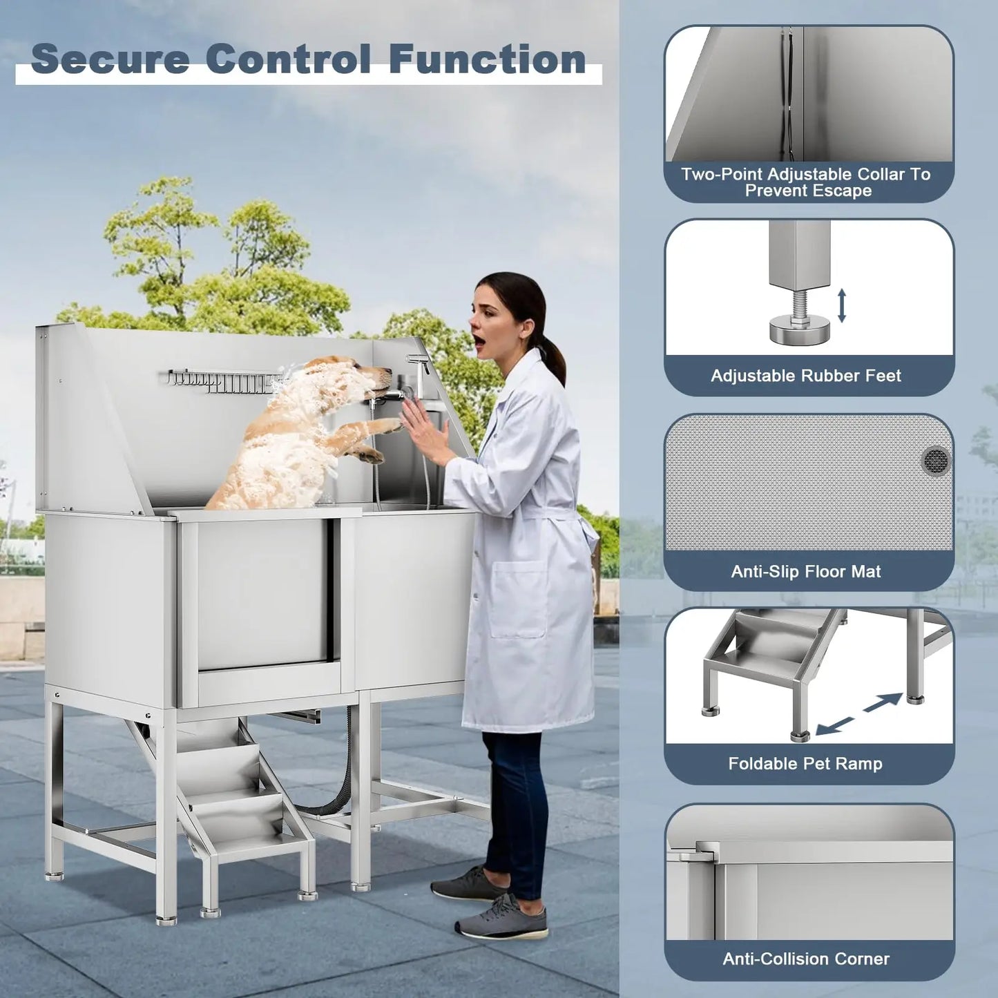 Pet Dog Bathing Station, Stainless Steel Dog Bathtub W/Ramp, Floor Grate, Dog Bath Brush, Washing Gloves for Home, Dog Washing