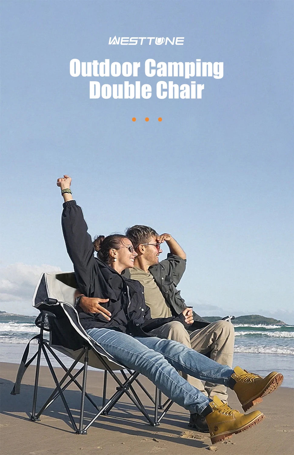 WESTTUNE Double Camping Chair Oversized Loveseat Outdoor Couch Heavy Duty Outdoor Folding Chair with Cup Holder Support 440 lbs