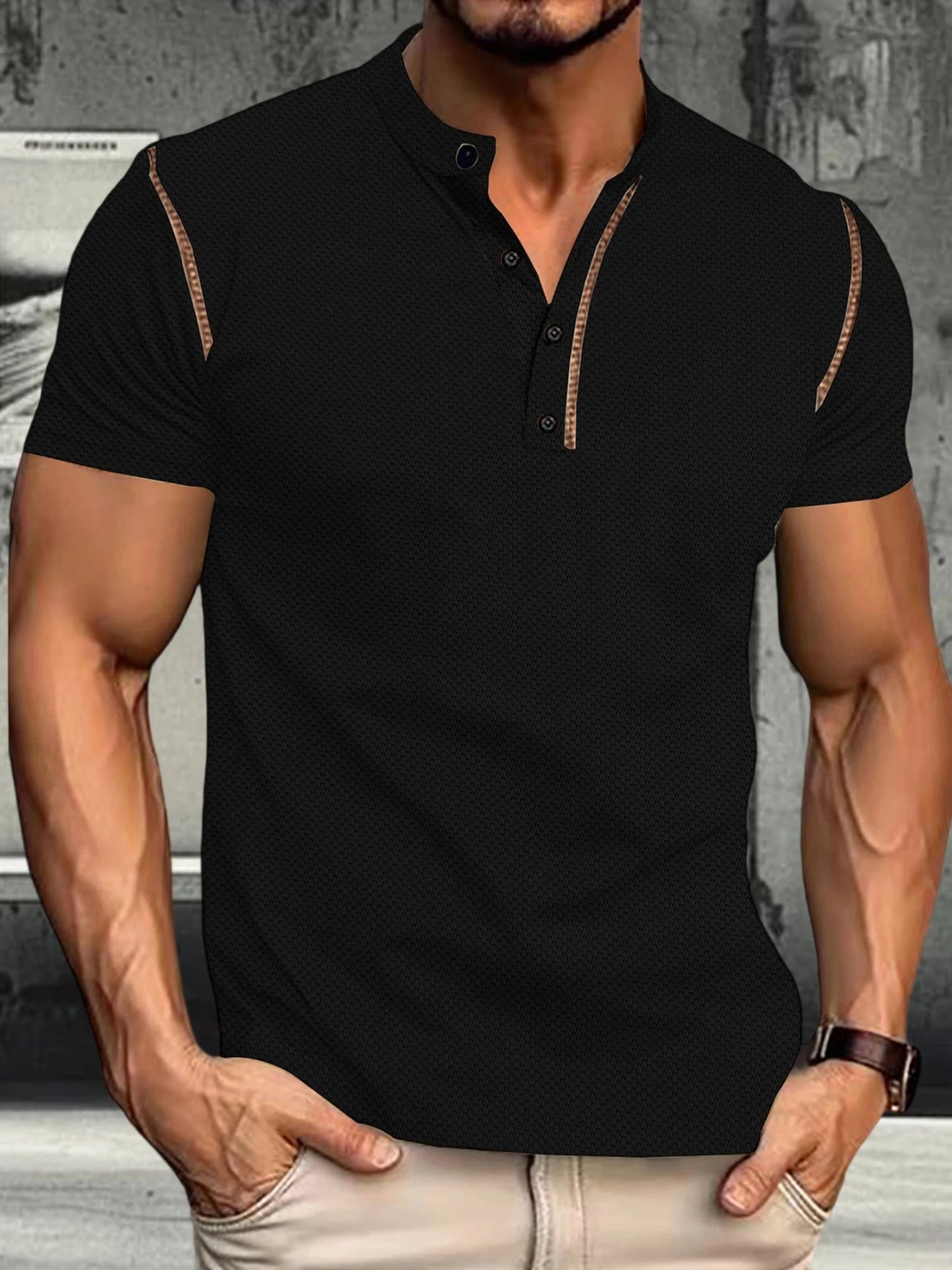 Men s  Fit Henley Short Sleeve T-Shirt with Contrast Stitching Casual Summer Top for Streetwear Style