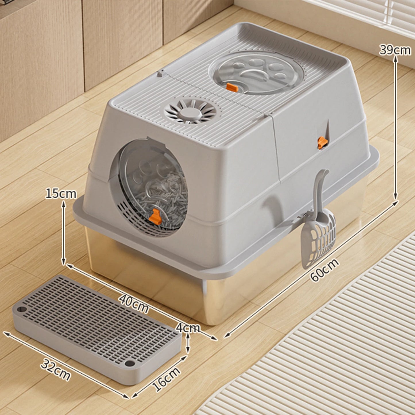 Stainless Steel Cat Litter Box, High Sided Enclosure Cat Toilet With Lid, Front And Top Door, Sand Filter Pedal & Litter Scoop