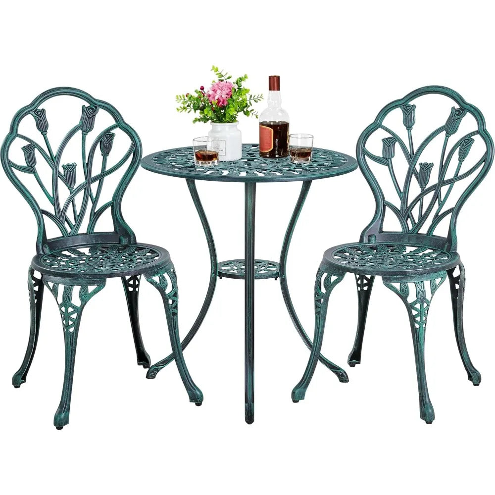 Yaheetech Patio Bistro Sets 3 Piece Cast Aluminum Bistro Table and Chairs Set, Cast Aluminum Bistro Table and Chairs Set of 2 wi