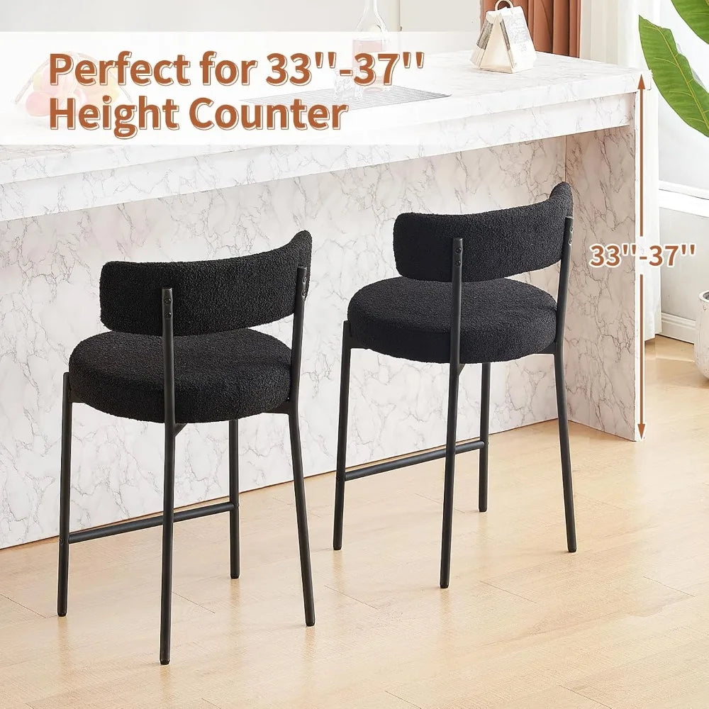 24'' Bar Stools Set of 2, Modern Boucle Counter Height Bar Stools with Curved Back and Black Metal Frame,