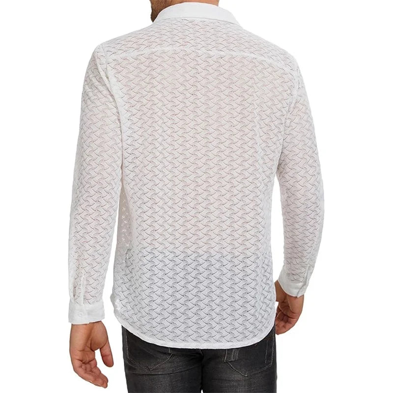 Men s Mesh Panel Shirt with Sheer Lace Detailing and Lapel Neckline Long Sleeve Button-up Top for Casual Streetwear Fashion