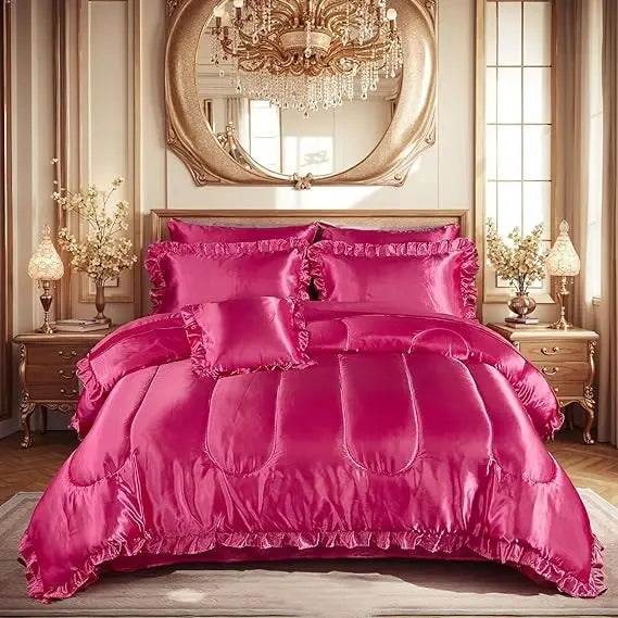 Luxurious Silk-Like Queen Size Satin Bedding Set in Hot Pink with Comforter and Sheets