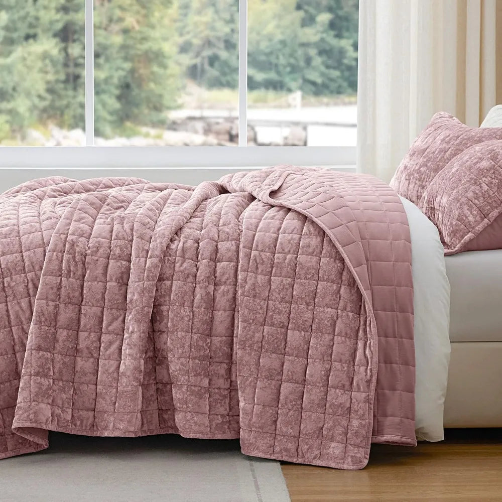 Velvet Quilt Set King Size - Luxury Velvet Comforter Bedding Set 3 Pieces, Soft Cozy Dusty Pink Oversized Bedspread Cov