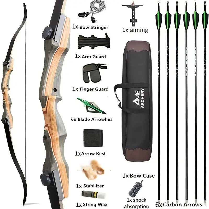 62 Inch Takedown Recurve Bow 50 Pound Wooden Riser Archery Set Right Hand