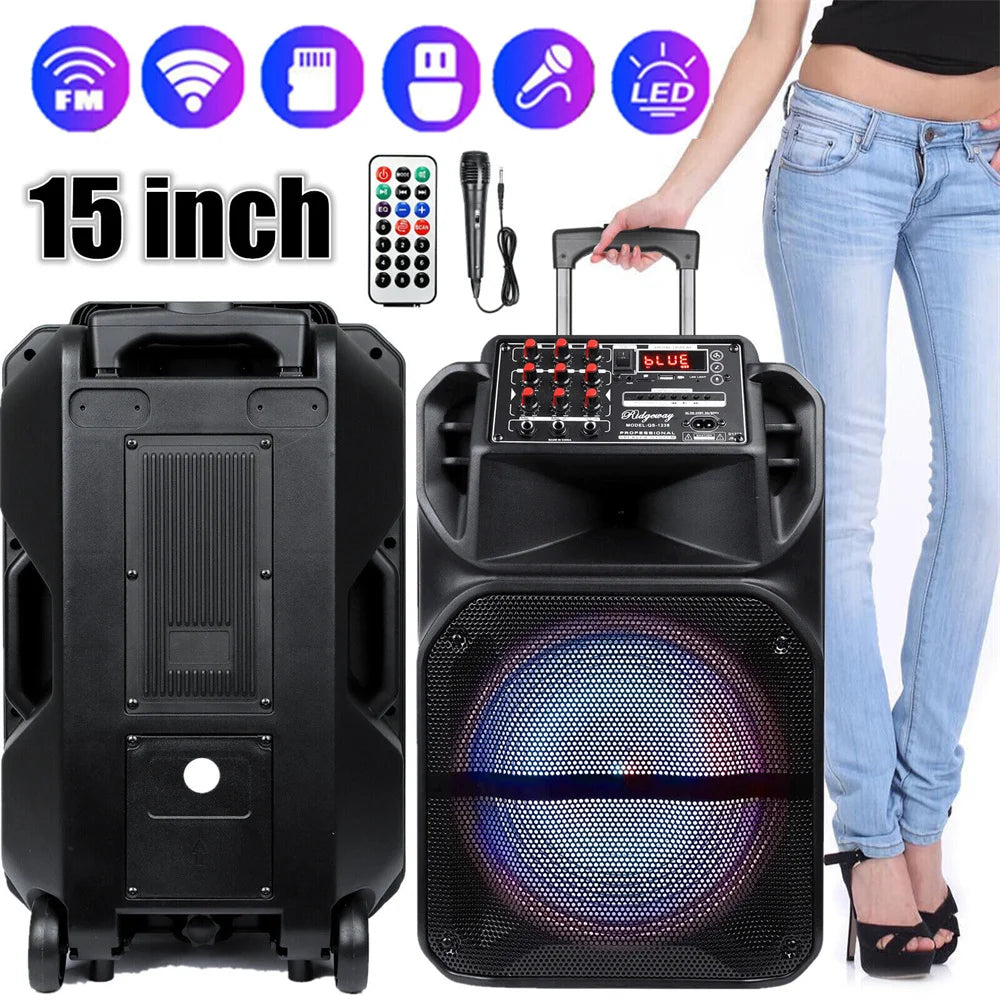 9000W Portable Bluetooth Speaker 15” Subwoofer Heavy Bass Party System AUX & Mic Led Light  Loud High Quality karaoke Speaker