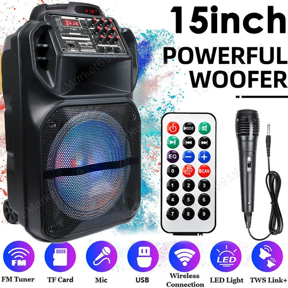 9000W Portable Bluetooth Speaker 15” Subwoofer Heavy Bass Party System AUX & Mic Led Light  Loud High Quality karaoke Speaker