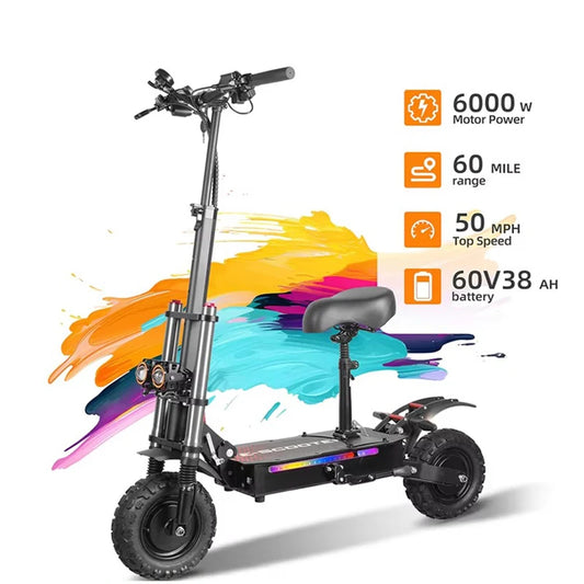 6000W High Power Adult Electric Scooter  Off-Road Commute Foldable 60V 38Ah Large Battery 60 Miles Range 50 Mph Fast E-Scooter