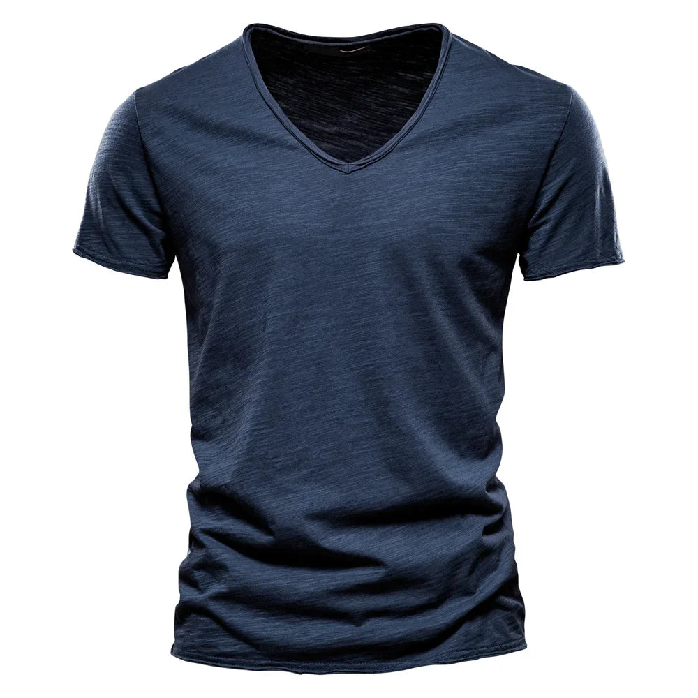 Brand Quality 100% Cotton Men T-shirt V-neck Fashion Design Slim Fit Soild T-shirts Male Tops Tees Short Sleeve T Shirt For Men