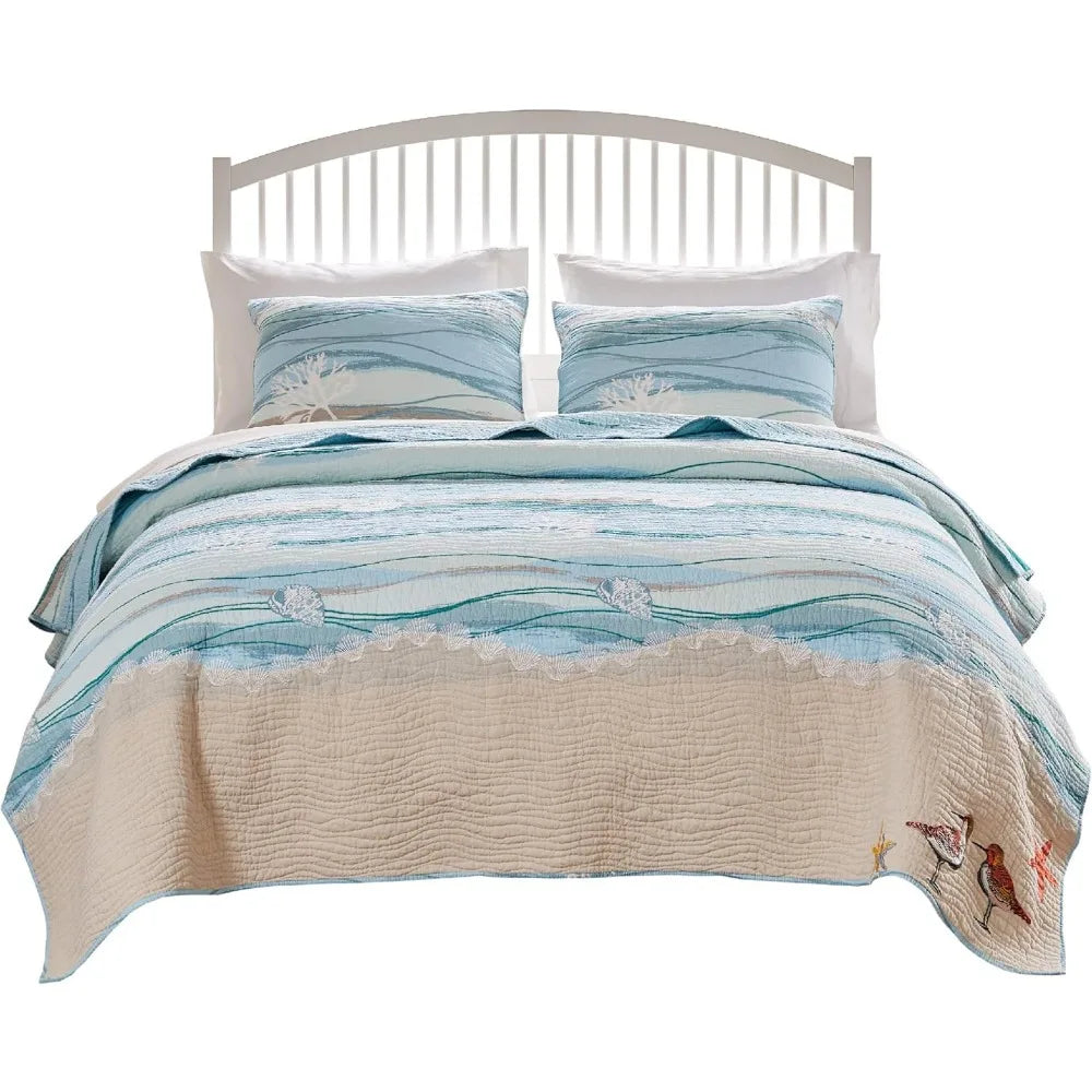 Home Maui Embroidered Coastal Quilt Set, Full/Queen (3-Piece)