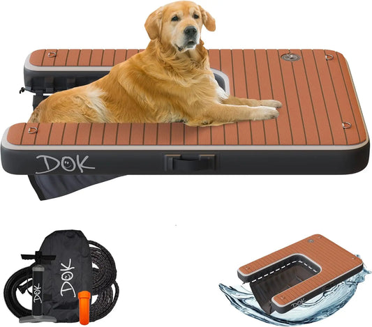 DOK Dog-DOK Inflatable Dock Platform: Safe & Easy Water Access for Dogs Up to 230 lbs; Floating Non-Slip EVA Foam with Dog Boat