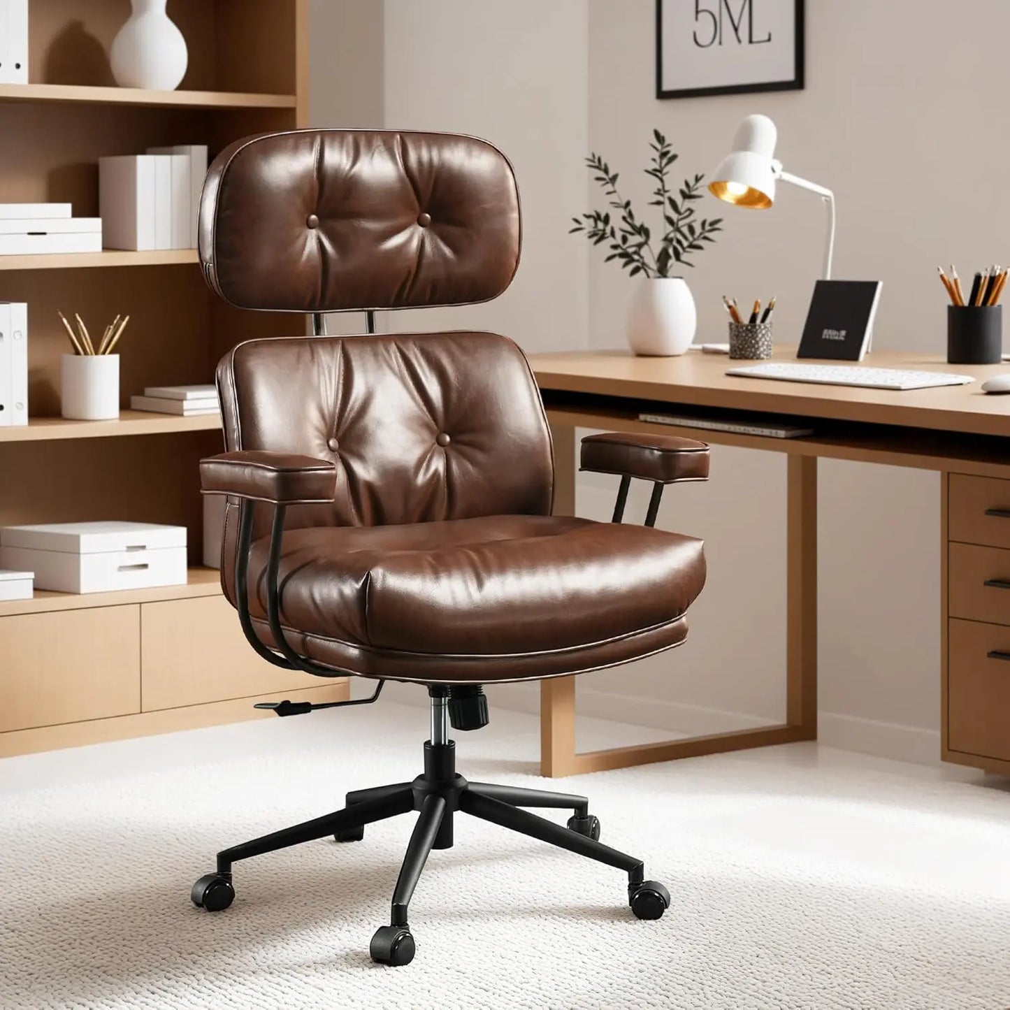 Office Chair, Modern Leather with Lumbar Support, High Back Swivel Rolling  with Comfy Thick Cushion (Brown, Suede Faux Leather)