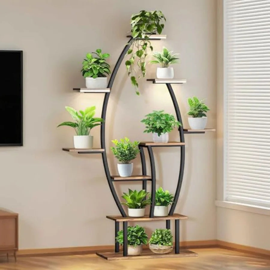 59Inch Tall Indoor Plant Stand with Integrated Grow Lights for Efficient Indoor Growing 9Tiered Large Flower Holder in Black Fi