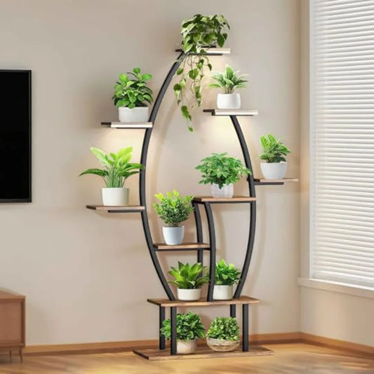 59Inch Tall Indoor Plant Stand with Integrated Grow Lights for Efficient Indoor Growing 9Tiered Large Flower Holder in Black Fi