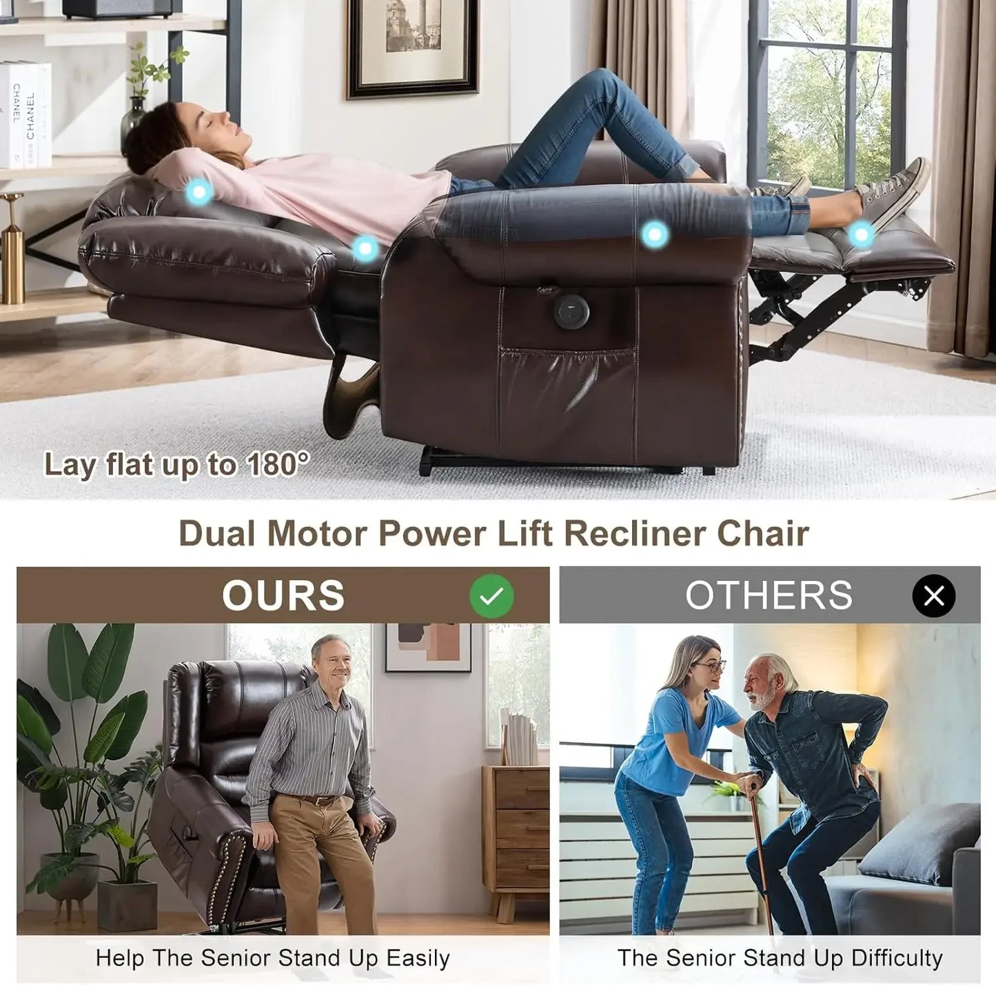 [Limited Stock, Buy Now!]Dual Motor Lay Flat Lift Chairs Recliners for Elderly with Massage and Heat, Breathable Leather Infinit