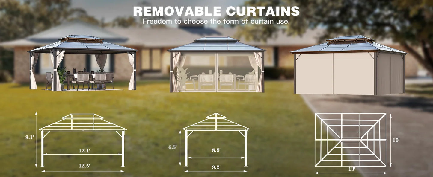 10'x13' Hardtop Gazebo, Outdoor Polycarbonate Double Roof Canopy, Aluminum Frame Permanent Pavilion, Sunshade
