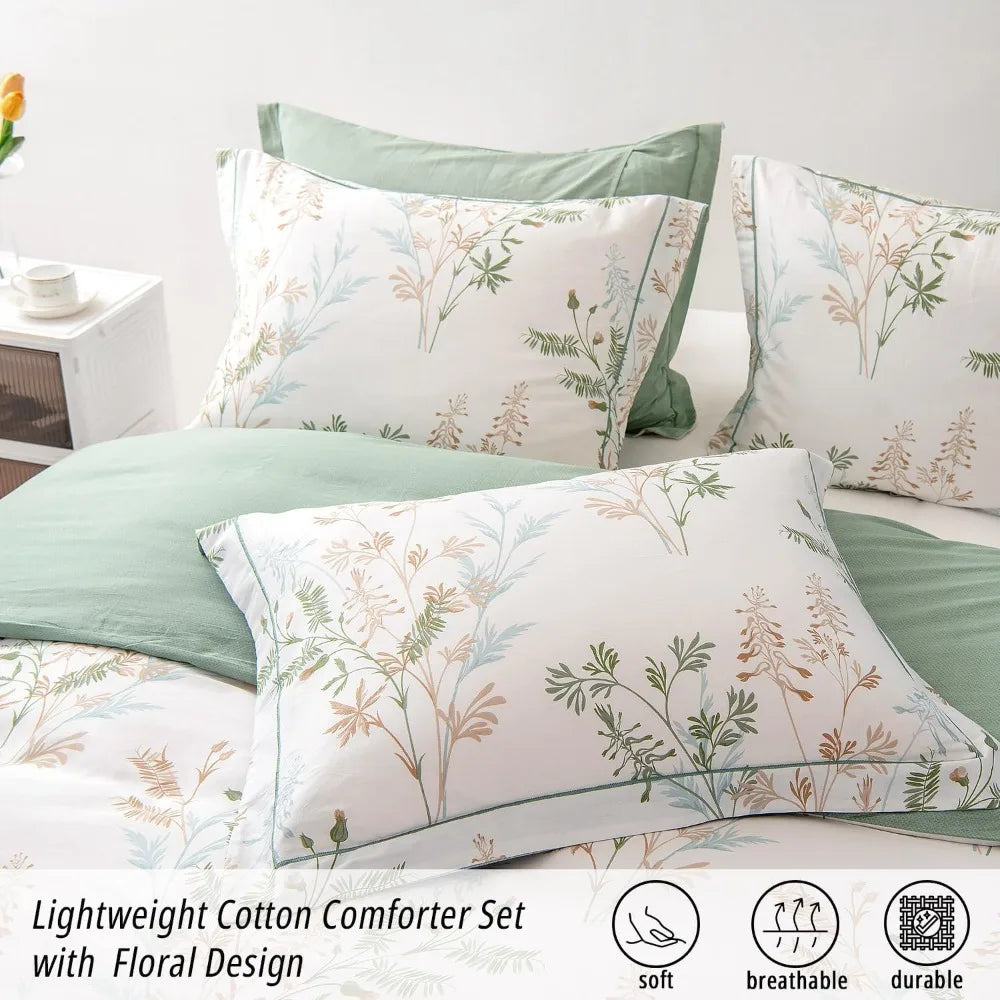 3pcs Botanical Comforter Sets Queen Size-Green Comforter with Luxurious Tan & Gray Leaves on White, Reversible