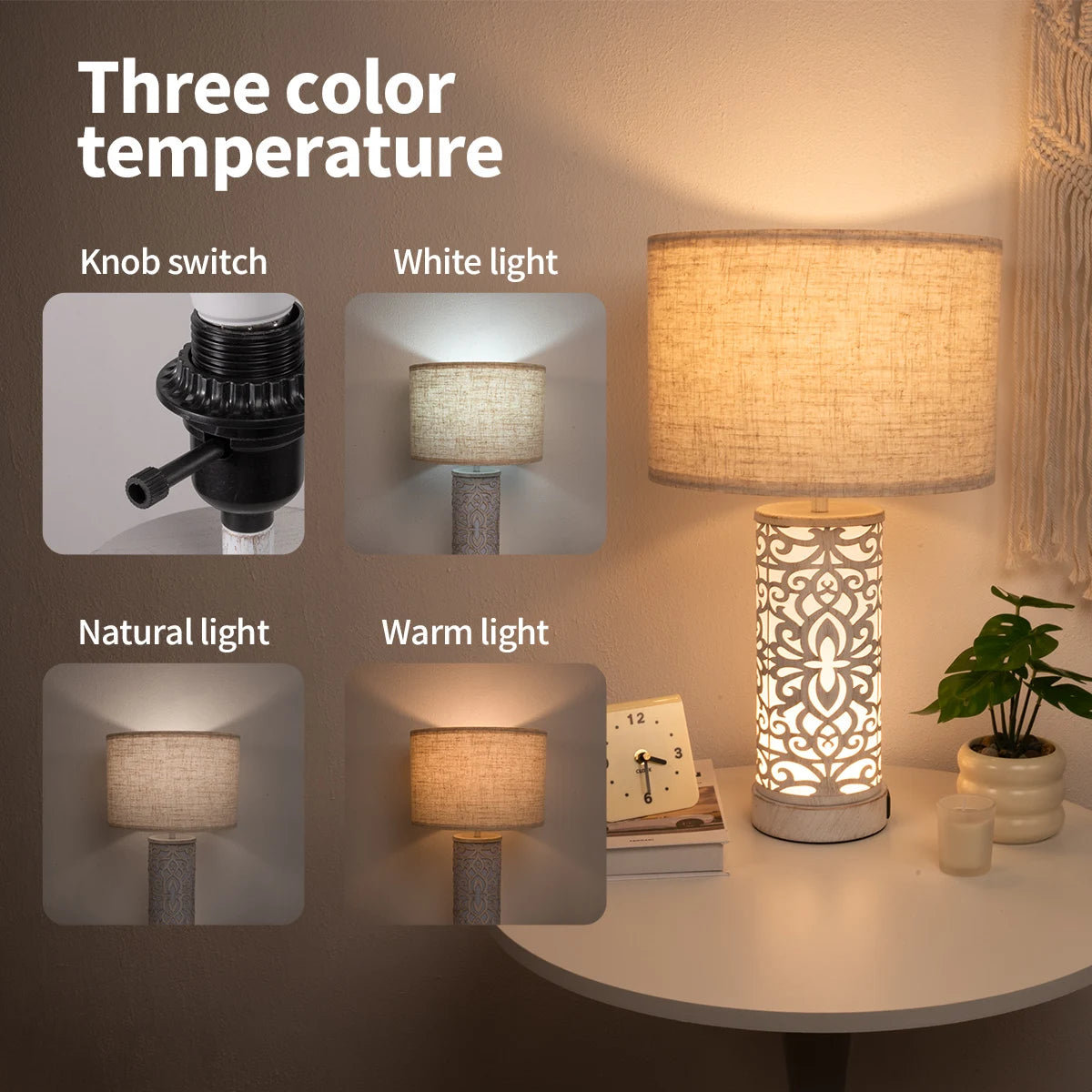Retro Farmhouse Table Lamp with Multi-Function and Dimmable, Two Packs + 2 USB Ports with Night Light for Living Room, Bedroom and Bedside Table Study, Including Bulb
