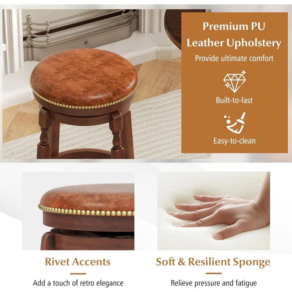 24" Swivel Bar Stools Set of 2, Farmhouse Counter Height Stools with Upholstered Seat & Rubber Wood Frame, Round Backless Kitch