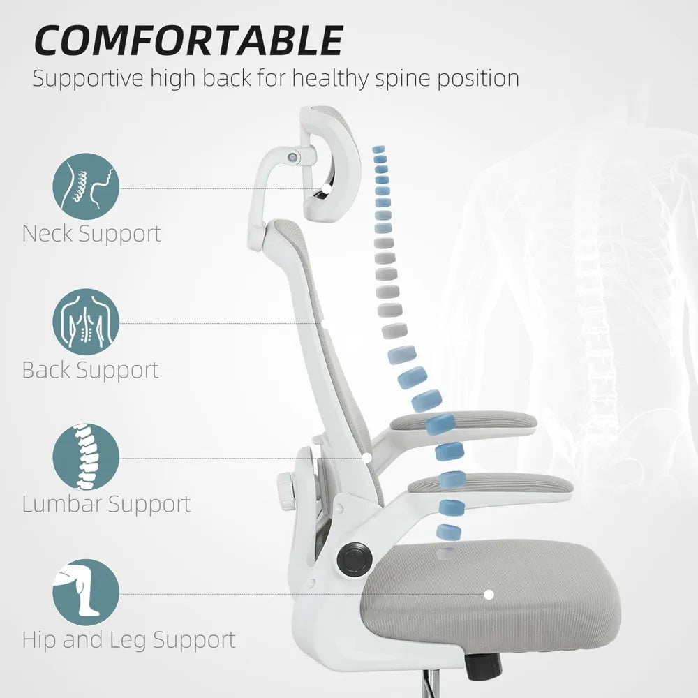 Office Chair, High Back Desk Chair with Flip-up Armrest, Rotatable Headrest, Tilt Function, Adjustable Lumbar Support, Swivel