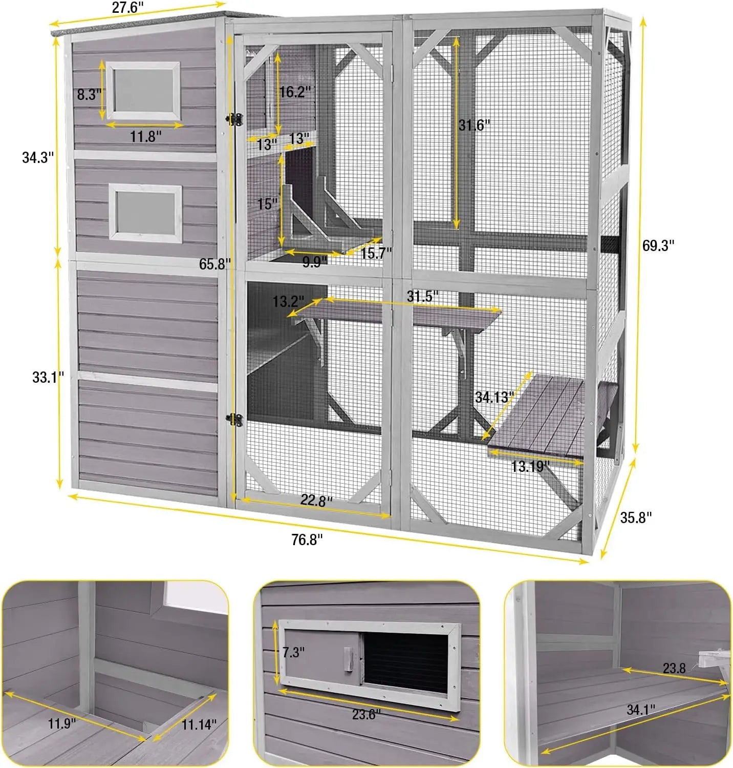 Large Cat Catio 4 Tiers Cat Enclosures House for Outdoor Indoor Cats with Weatherproof Roof,  5 Windows 70" H 77" L
