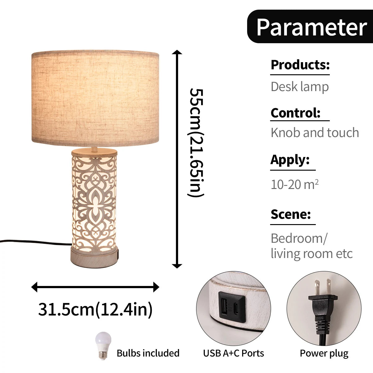 Retro Farmhouse Table Lamp with Multi-Function and Dimmable, Two Packs + 2 USB Ports with Night Light for Living Room, Bedroom and Bedside Table Study, Including Bulb