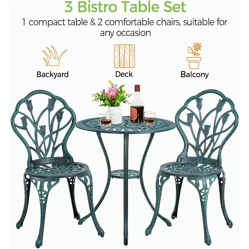 Yaheetech Patio Bistro Sets 3 Piece Cast Aluminum Bistro Table and Chairs Set, Cast Aluminum Bistro Table and Chairs Set of 2 wi