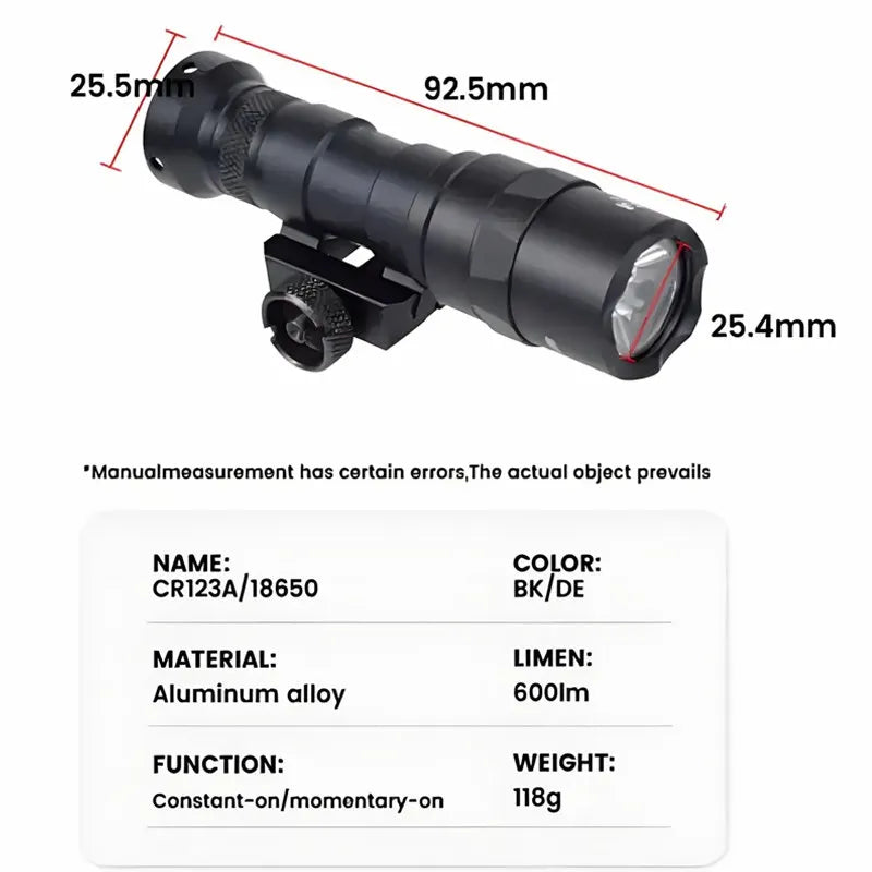 M300 Tactical Flashlight - High-Brightness LED,   Black,  Battery Holder for Outdoor, Hunting, and Tactical Use, Flashlight