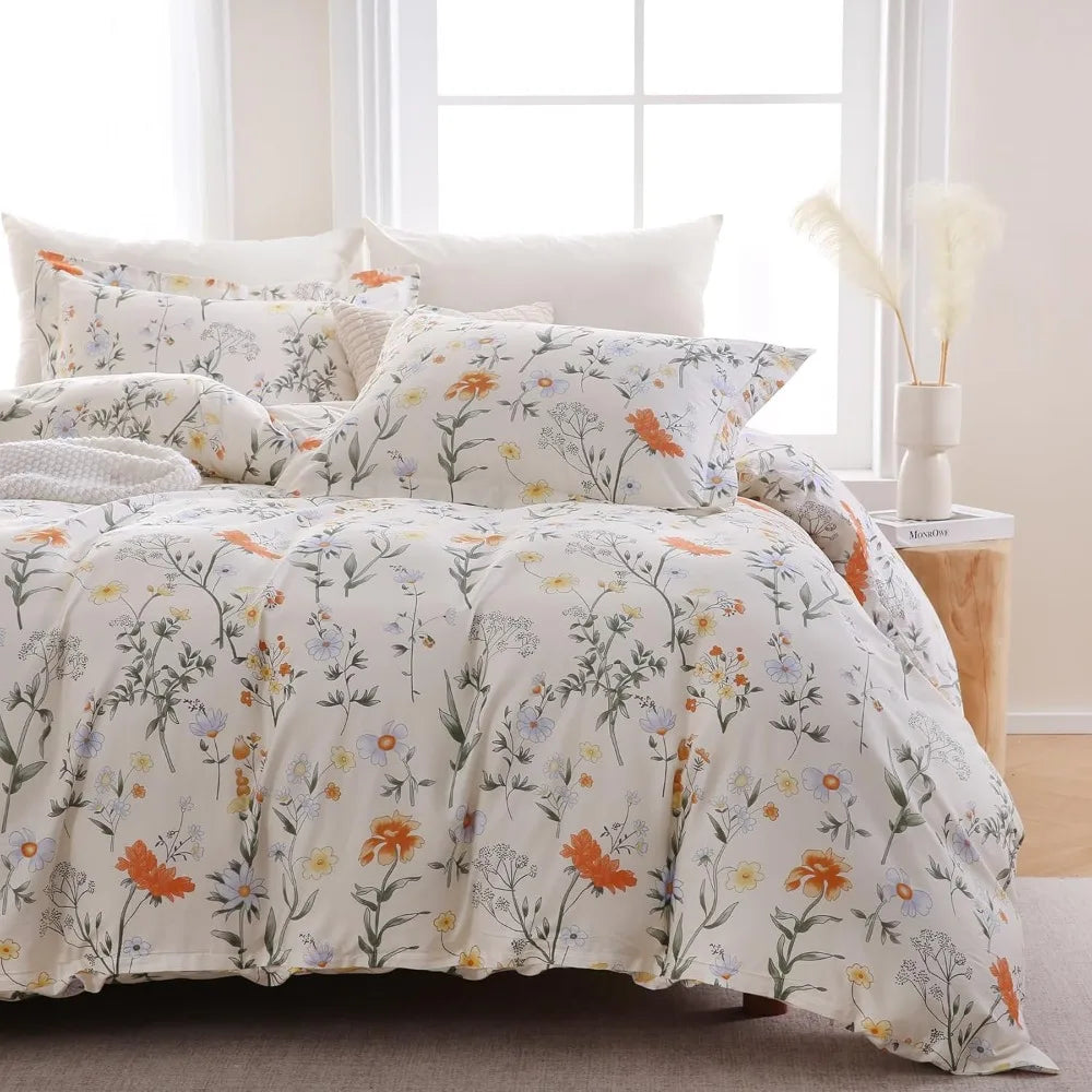 100% Cotton Duvet Cover Queen Size, Floral Reversible Duvet Cover Set with Zipper Closure, Soft 3 Pieces Bedding Set with 2 Pill