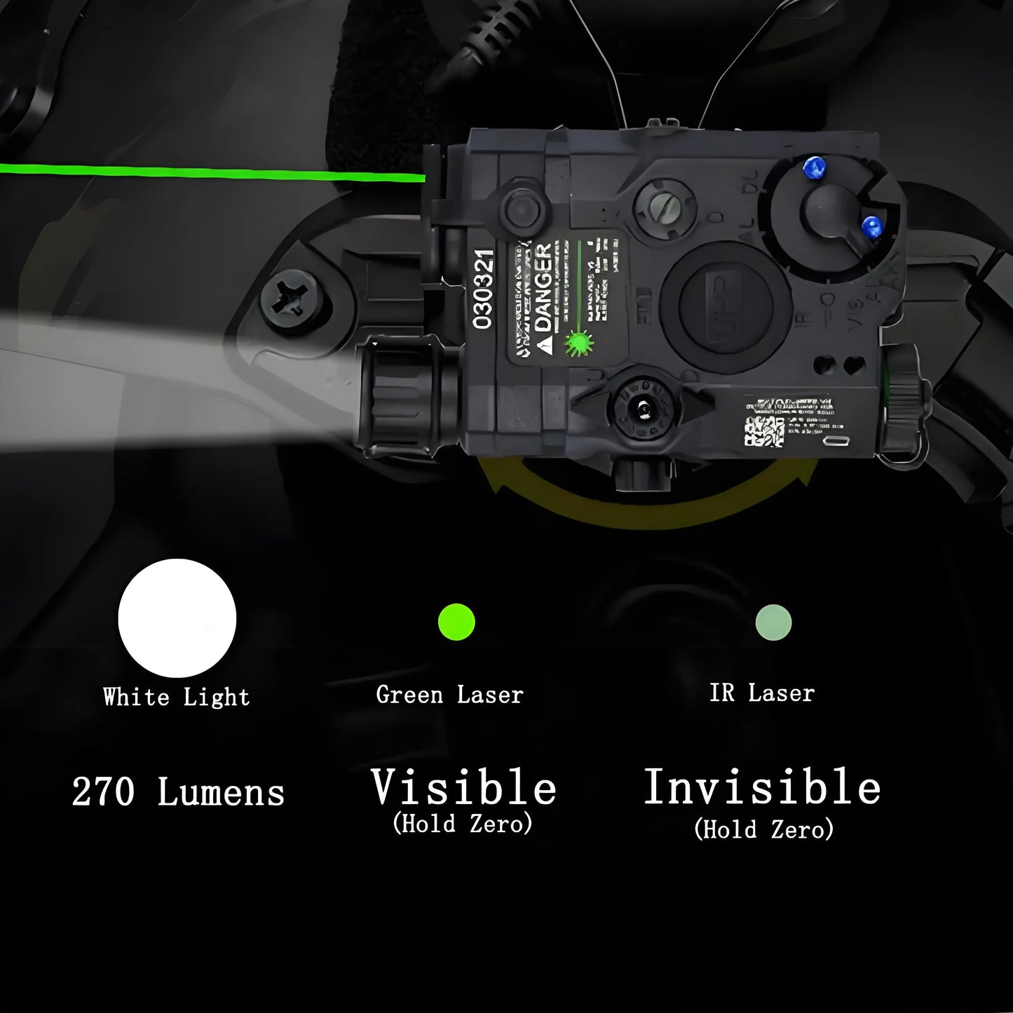 Airsoft PEQ15 UHP Visible Green Laser with IR & White LED Flashlight, Battery Powered