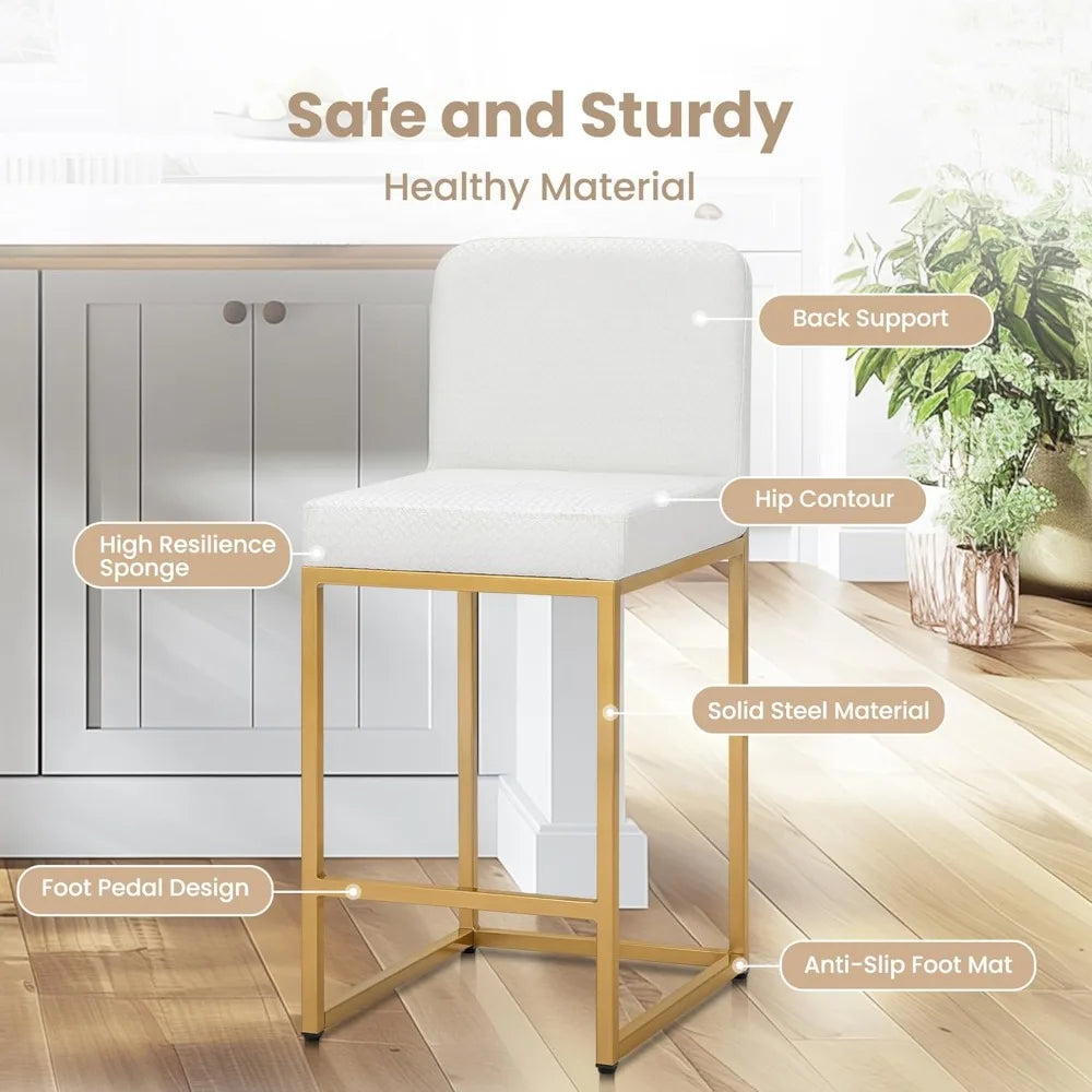 Bar Stools Set of 3 - Counter Height Bar Stool Leather Stools for Kitchen Counter, White and Gold Bar Stools with Back