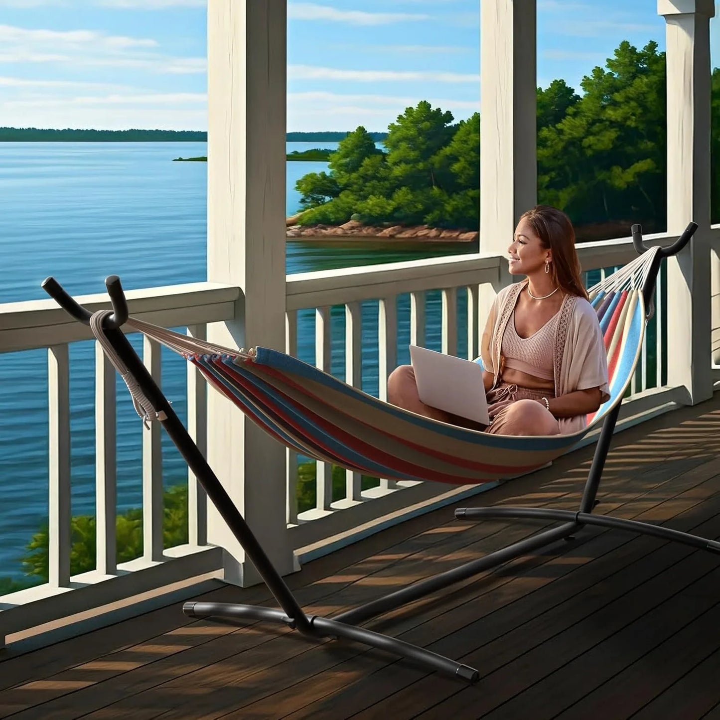 Premium 2-Person Hammock Set - 60" Cotton Blend w/Steel Stand & Carry Bag, 450LB Capacity