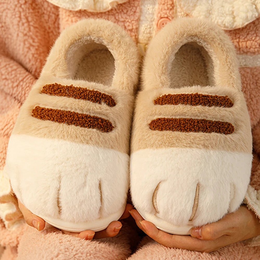 3D Cat Paw Plush Slippers Warm Slip-on House Shoes Comfortable Flat Thermal Slippers Furry Paw Couple Slippers for Autumn Winter