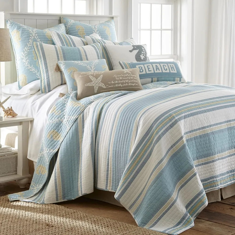 Blue Teal Taupe Striped Twin Comforter Set with Standard Pillowcase for Comfortable Sleep