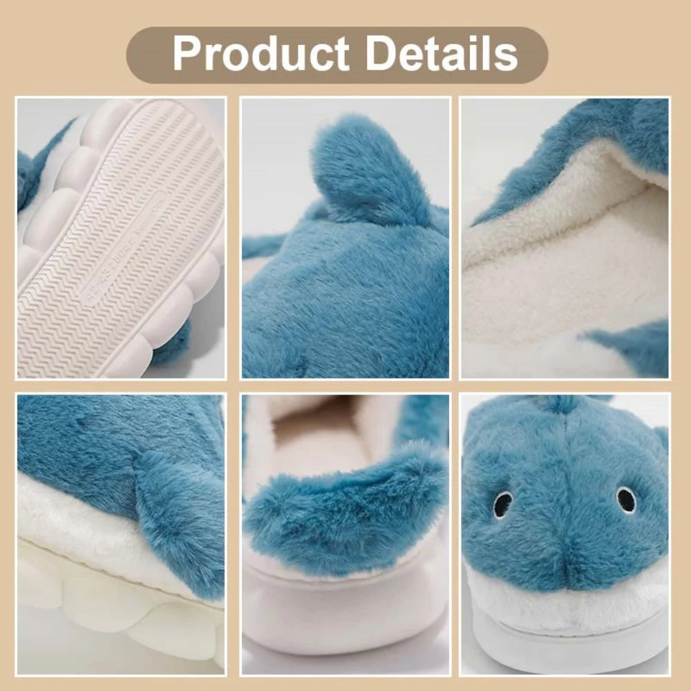 Soft Plush Sharky Slides For Wome&Men,Whale Shark Fuzzy Slippers With Anti-Skid Winter Cute Couple House Slippers Christmas Gift