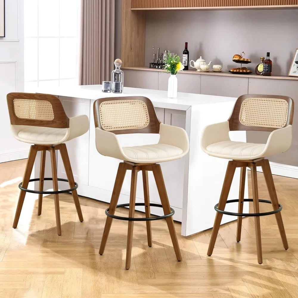 Counter Stools Rattan Swivel Counter Height Bar Stools with Cane Back, Upholstered Seat, Faux Leather Upholstered Furniture