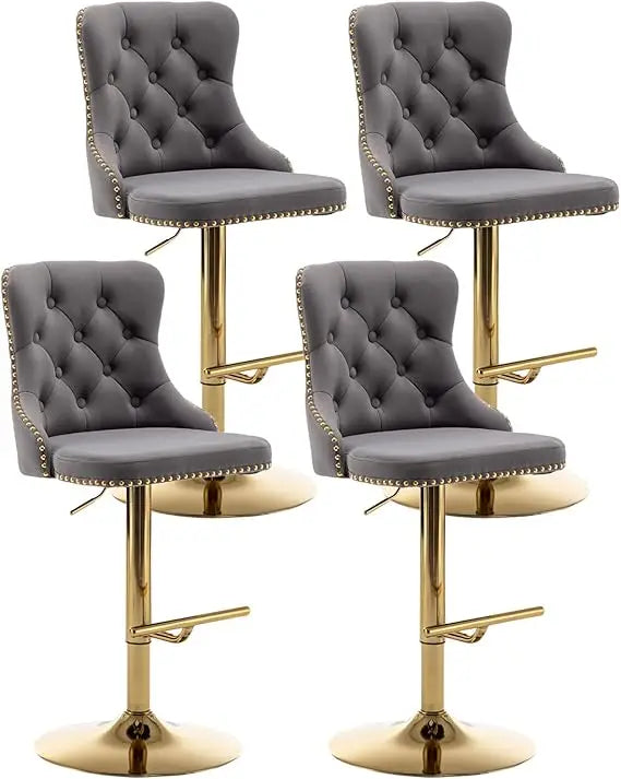 Velvet Bar Stools Set of 4, Counter Height Bar Stools with Button & Nailheads Trim, Gold Swivel Bar Stools for Kitchen Island, B