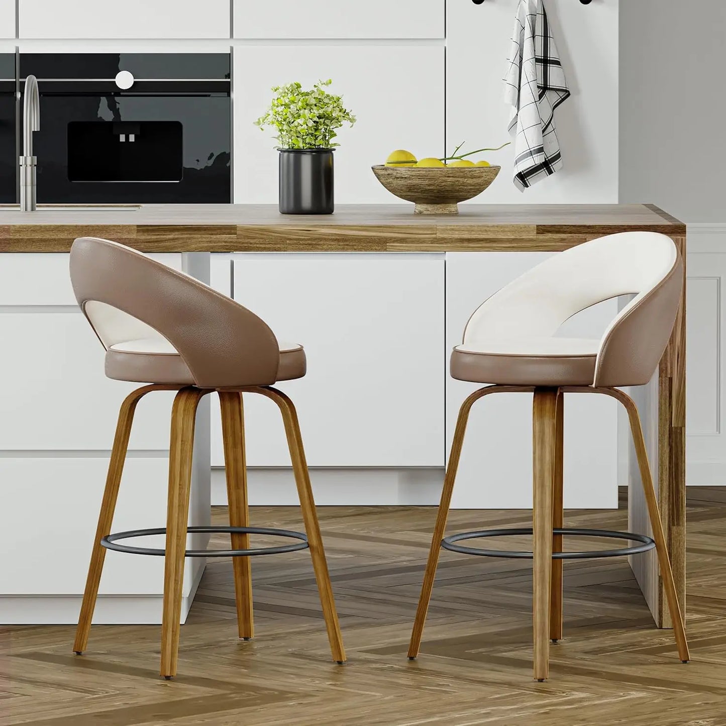 Swivel Counter Height Stools Bar Chairs Faux Leather Bar Stool with Backrest & Solid Wood Legs & Wrap-Around Footrest, Counter