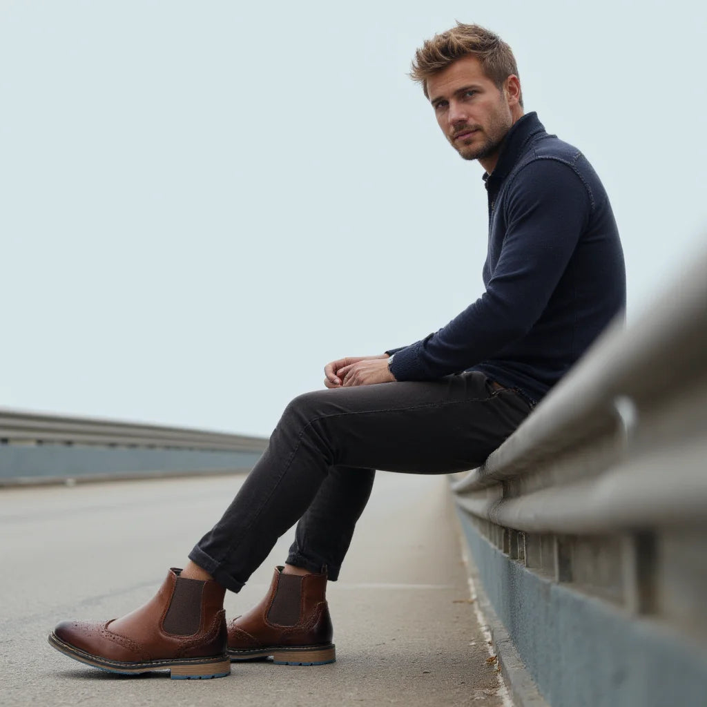Classical Brogue Chelsea Men Boots Comfortable Fashion Leather Boots
