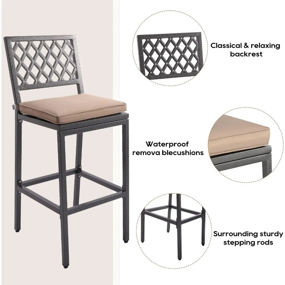 Outdoor Bar Chairs and Table, Metal Outdoor Bar Set, 3 Piece Patio Bar Table Set with Stools & Cushions for Backyard, Porch,