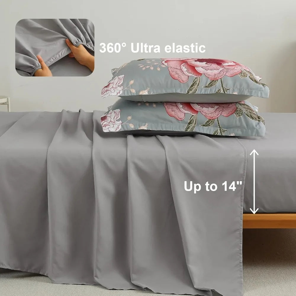 Floral Comforter Set King Size 7 Pieces Bed in a Bag, Pink Flower Print on Gray Bedding Set, Soft Microfiber Bedding Set