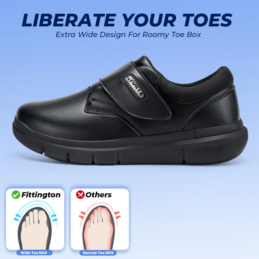 Extra Wide Men'S Diabetic Shoes Leather Walking Shoes For Elder Orthopedic Toes Swollen Feet Non-Slip With Arch Support